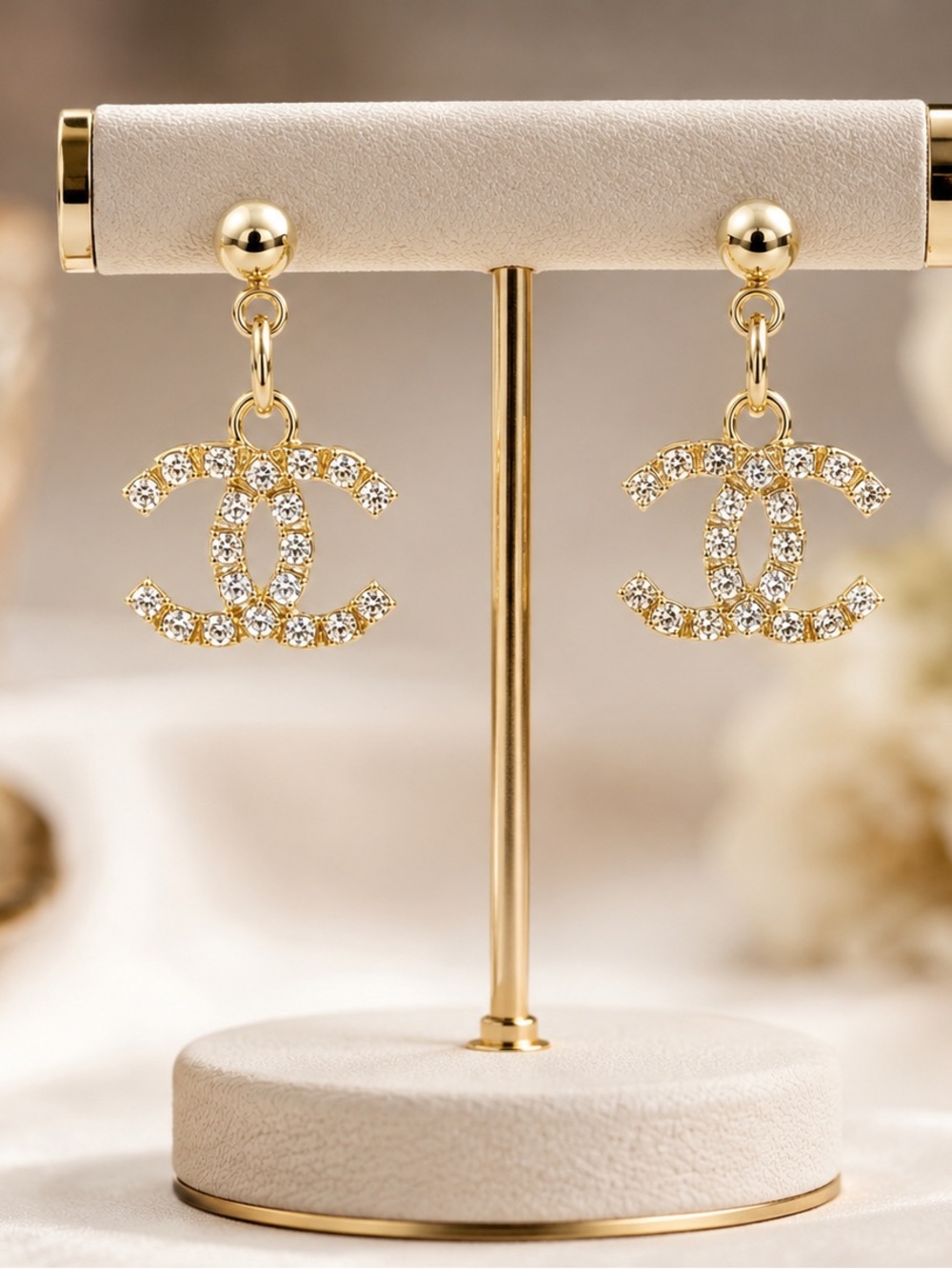 CHANEL Gold and Clear Crystal CC Drop Earrings